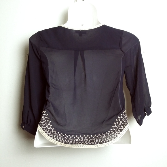 Monteau Top Blouse Size S Boho Embroidered Long Sleeves Sheer Casual - Picture 3 of 5
